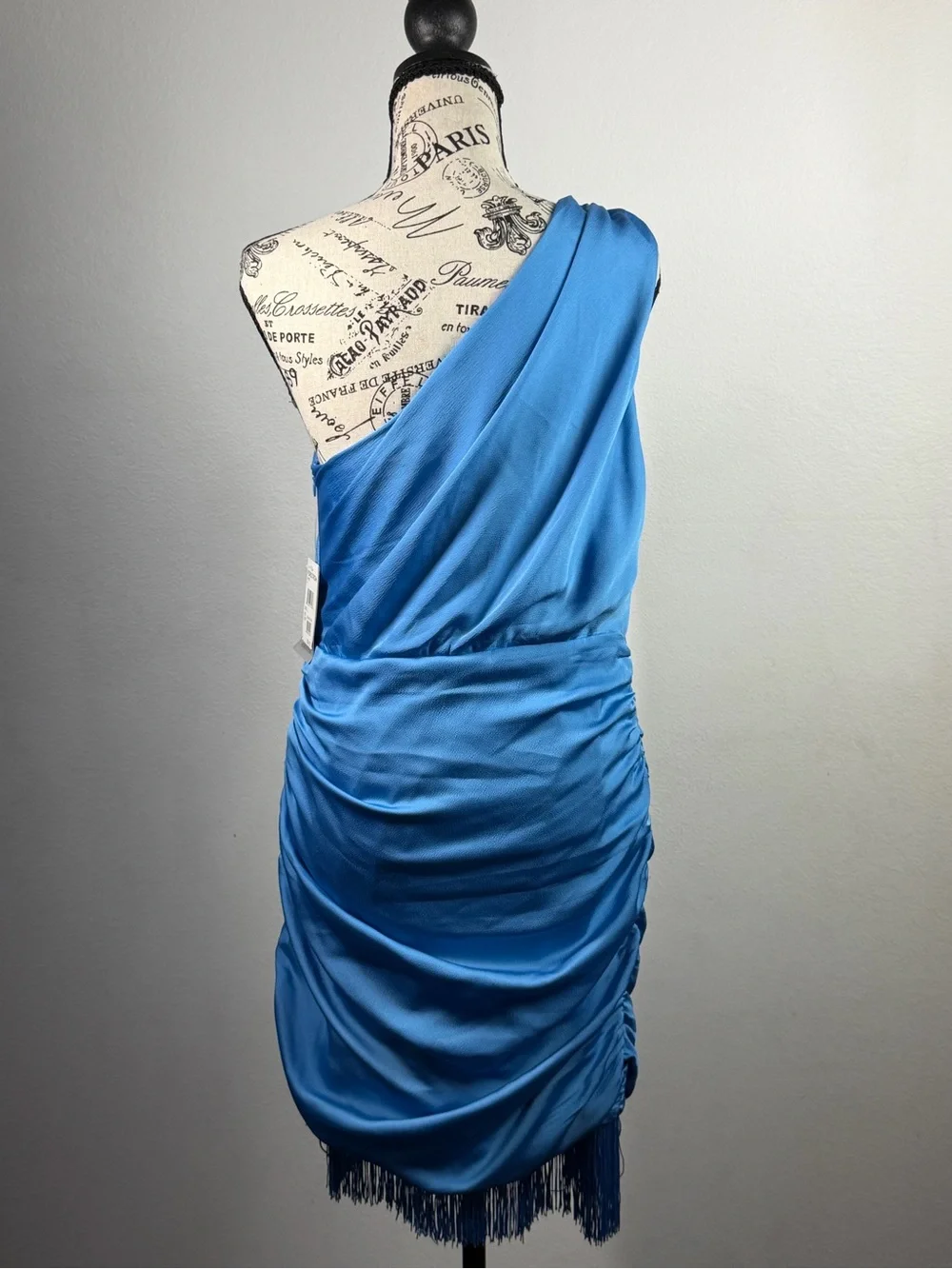 Blue Ruched One Shoulder Fringe Dress SAYLOR L NWT
